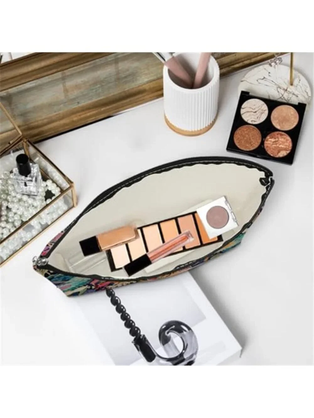 3pcs Colorful Flower Makeup Bag, Abstract Botanical Flower Cosmetic Bag